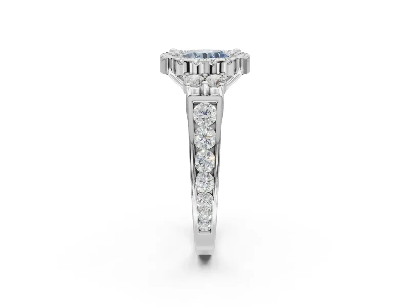 Round Halo Engagement Ring Setting for a Fancy Blue Lab-Grown Diamond | Side Clusters | White Gold
