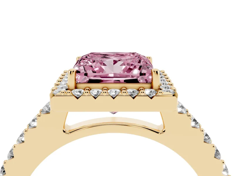 Fancy Pink Princess Cut Diamond Halo Pavé Solitaire Ring Set in Yellow gold with Prong-Set Center Stone