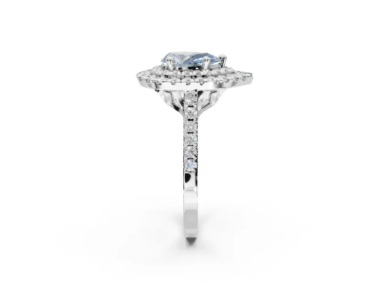 Fancy Blue Pear-Shaped Lab-Grown Diamond Double Halo Statement Ring Set in Platinum with Pavé Band