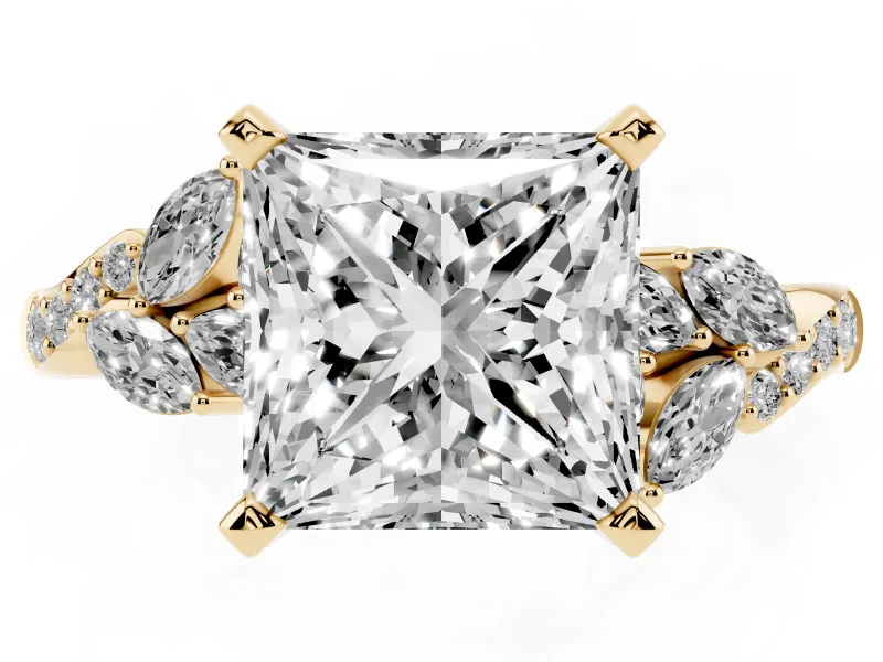 Princess Cut Floral Engagement Ring Setting | Marquise Side Stones | Yellow Gold