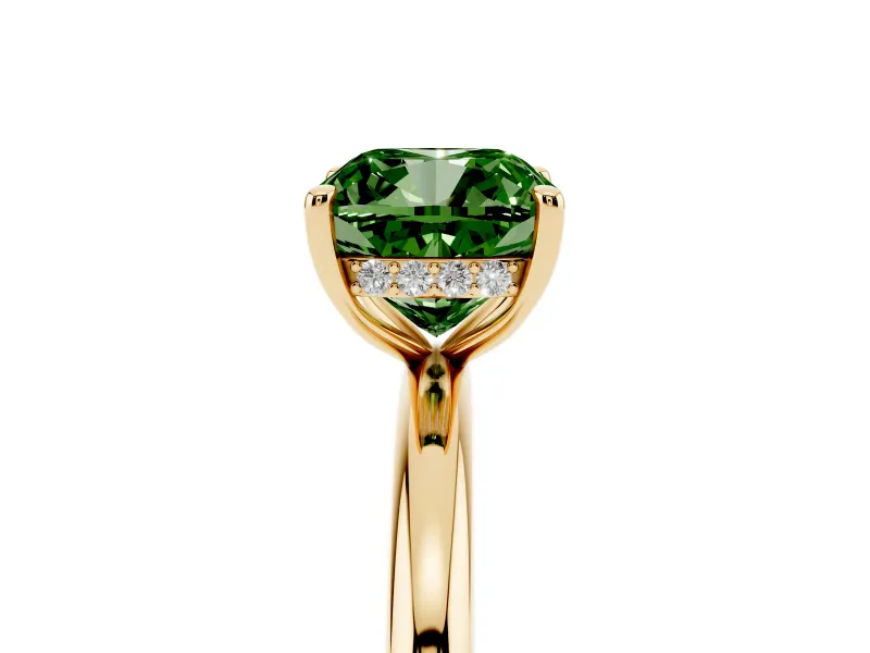 Fancy Green Cushion Cut Diamond Solitaire Ring Set in Yellow gold with Thin Band and Prong Setting