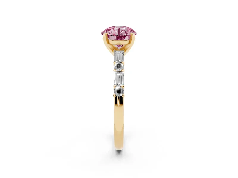 Fancy Pink Round Cut Diamond Solitaire Set in Yellow gold with Side Baguettes and Channel Set Band