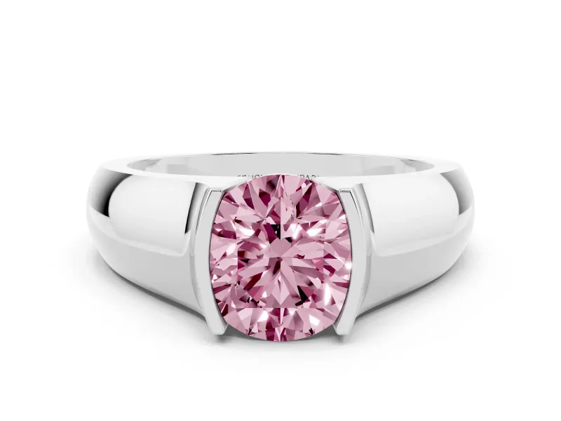Fancy Pink Round Cut Diamond Bezel Solitaire Ring Set in White gold with Wide Band