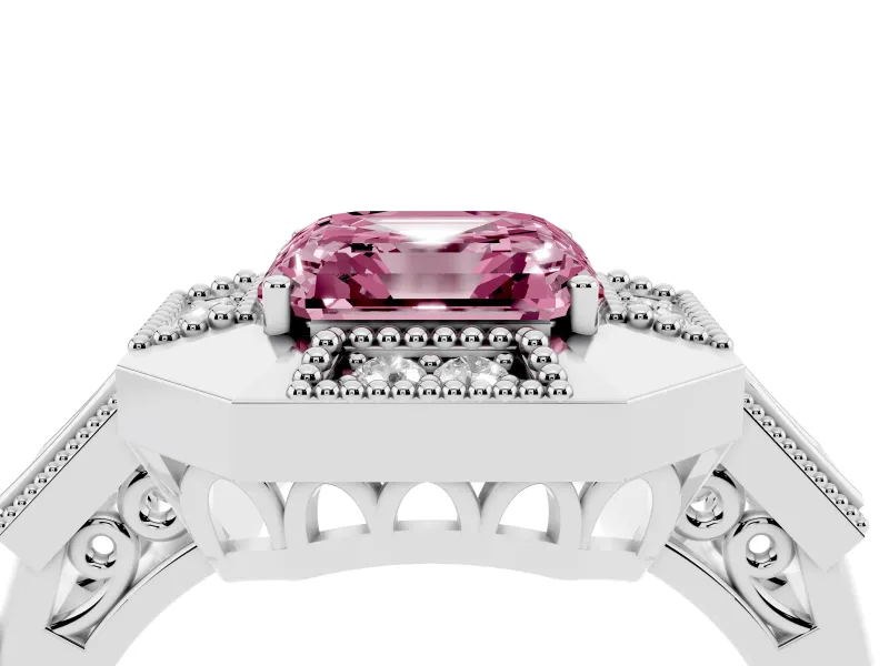 Fancy Pink Asscher Cut Diamond Milgrain Halo Ring Set in Platinum with Split Shank