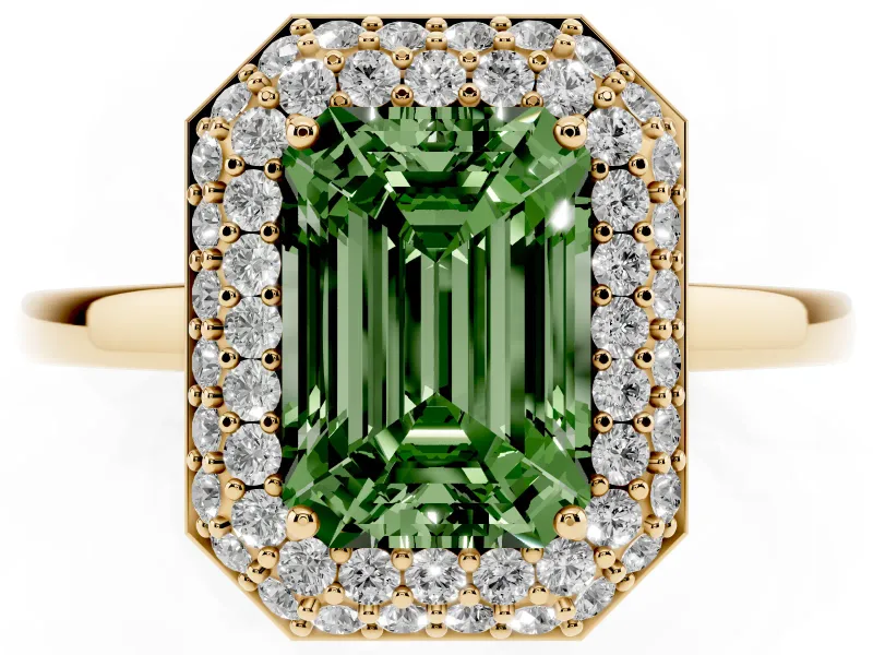 Emerald Cut Pave Halo Engagement Ring Setting for a Fancy Green Lab-Grown Diamond | Slim Plain Band | Yellow Gold