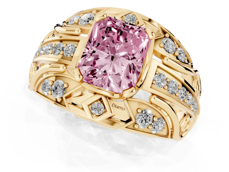 Radiant Cut Art Deco Engagement Ring Setting for a Fancy Pink Lab-Grown Diamond | Yellow Gold