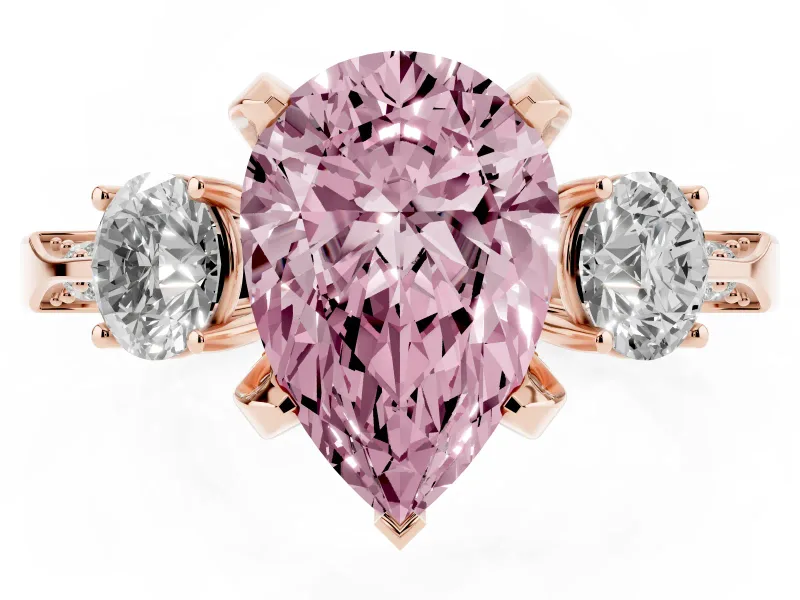 Pear-Shaped Hidden Halo Three Stone Engagement Ring Setting for a Fancy Pink Lab-Grown Diamond | Rose Gold