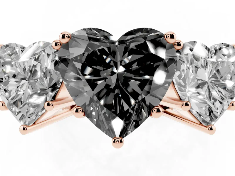 Heart-Shaped Three Stone Engagement Ring Setting for a Black Center | Beaded Shoulders | Rose Gold