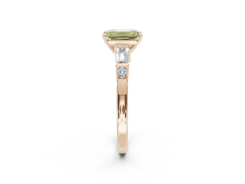 Emerald Cut Tapered Baguette Engagement Ring Setting for a Fancy Yellow Lab-Grown Diamond | Bar Set Sides | Rose Gold