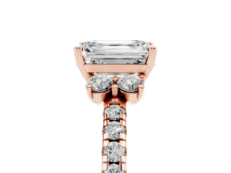 Emerald Cut Side Stone Pave Engagement Ring Setting | Paired Round Accents | Rose Gold