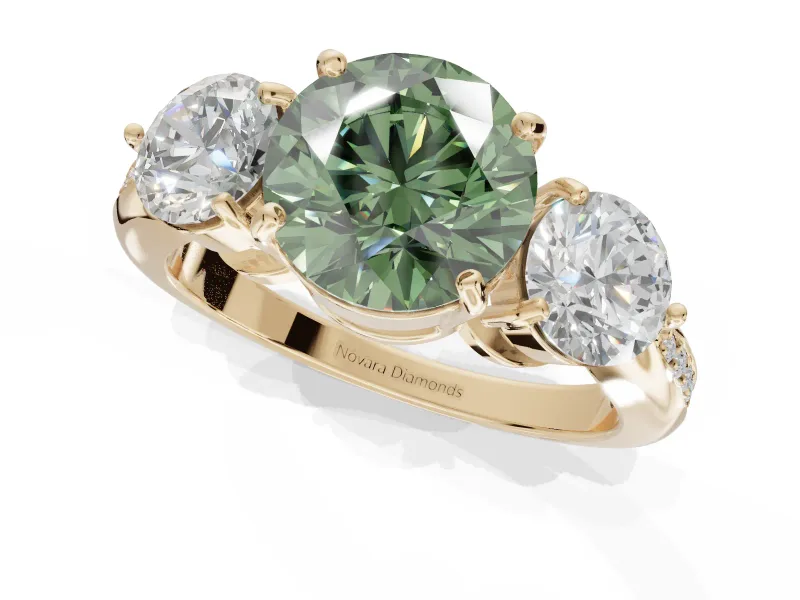 Round Three Stone Engagement Ring Setting for a Fancy Green Lab-Grown Diamond | Tapered Pave Band | Yellow Gold