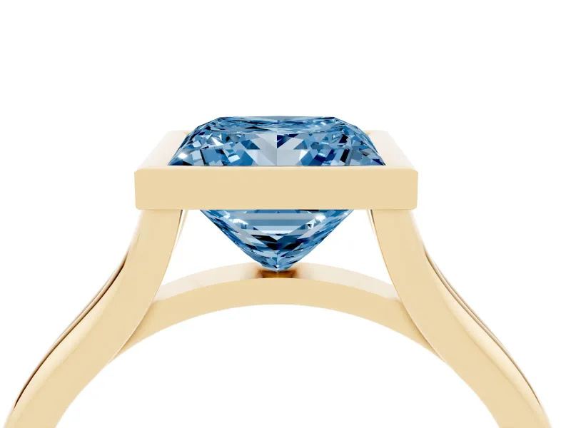 Fancy Blue Bezel Set Princess Cut Diamond Solitaire Ring Set in Yellow gold with Tapered Band