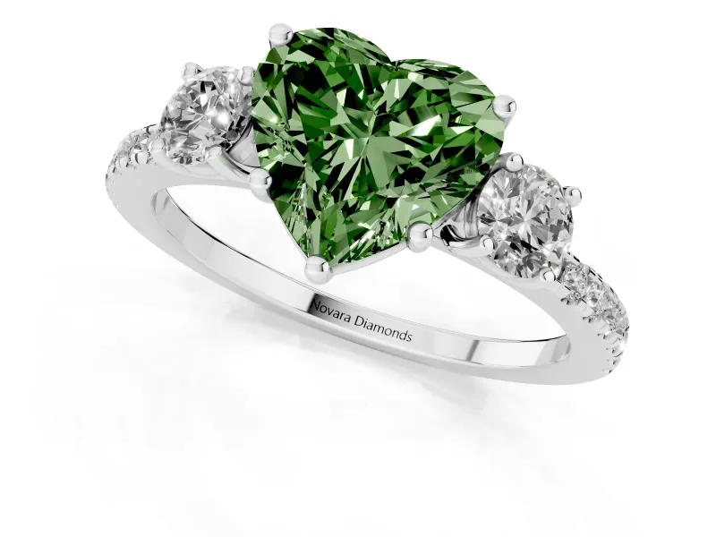 Fancy Green Heart Cut Diamond Three-Stone Ring Set in Silver with Pavé Band and Graduated Sides