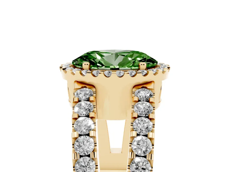 Fancy Green Oval Cut Diamond Halo Ring Set in Yellow gold with Pavé Split Shank and Prong Setting