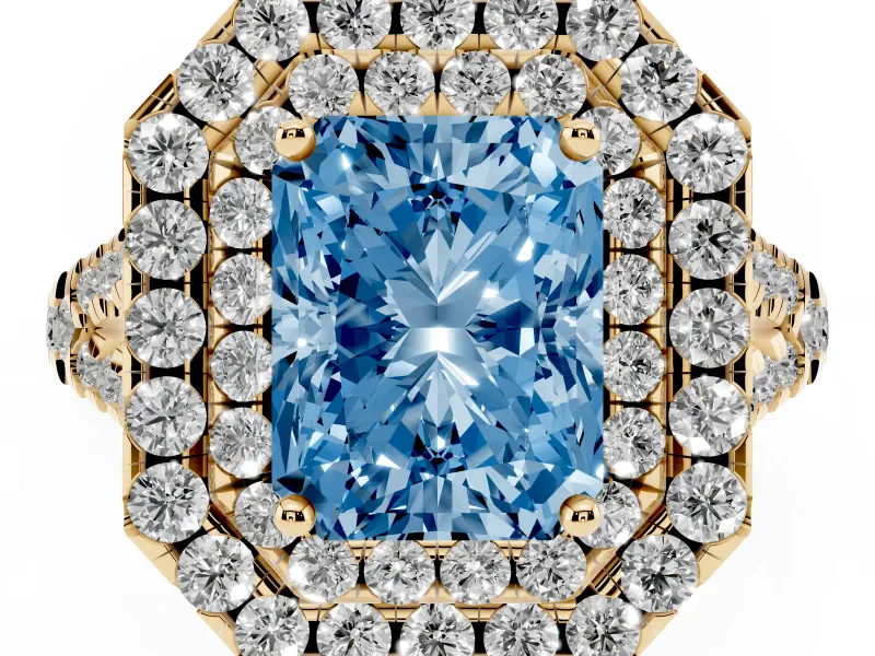 Radiant Cut Halo Split Shank Engagement Ring Setting for a Fancy Blue Lab-Grown Diamond | Pavé Strands | Yellow Gold