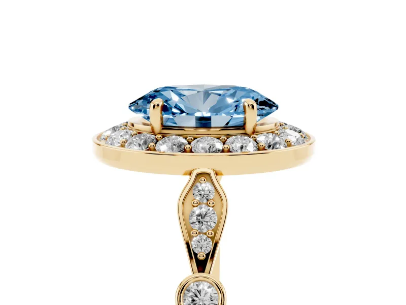 Oval Halo Engagement Ring Setting for a Fancy Blue Lab-Grown Diamond | Bezel Stations | Yellow Gold