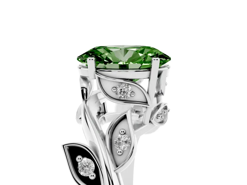 Fancy Green Oval Cut Diamond Solitaire Twist Engagement Ring Set in White gold with Pavé Leaf Accents