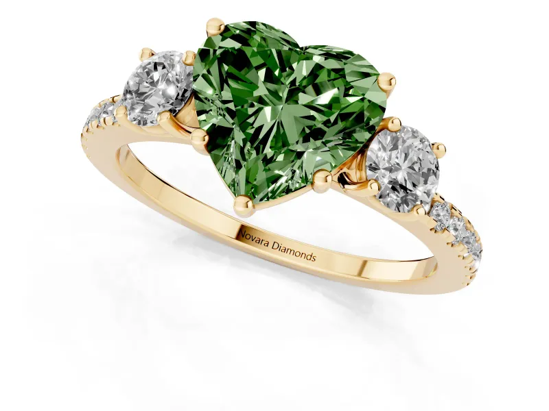 Heart-Shaped Three Stone Engagement Ring Setting for a Fancy Green Lab-Grown Diamond | Pave Shoulders | Yellow Gold