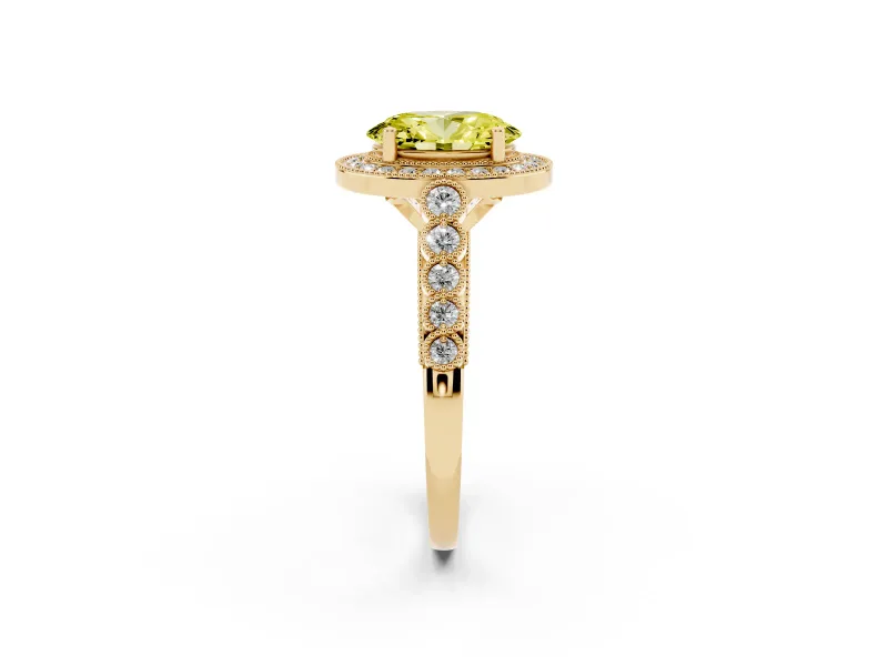 Fancy Yellow Oval Cut Diamond Milgrain Halo Solitaire Ring Set in Yellow gold with Bezel Set Side Stones and Pavé Band
