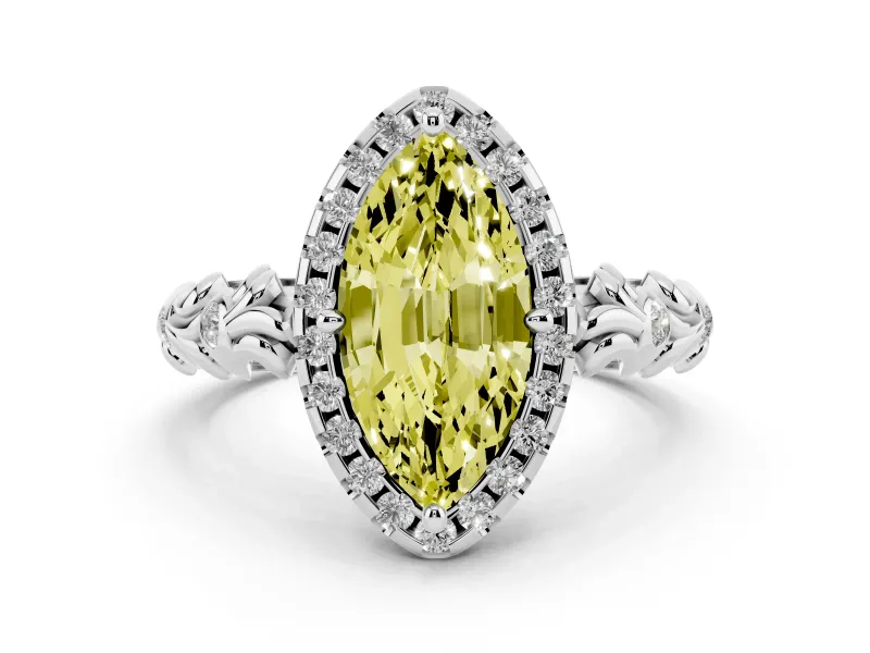 Fancy Yellow Marquise Cut Diamond Halo Ring Set in Silver with Filigree Leaf Band and Prong Setting