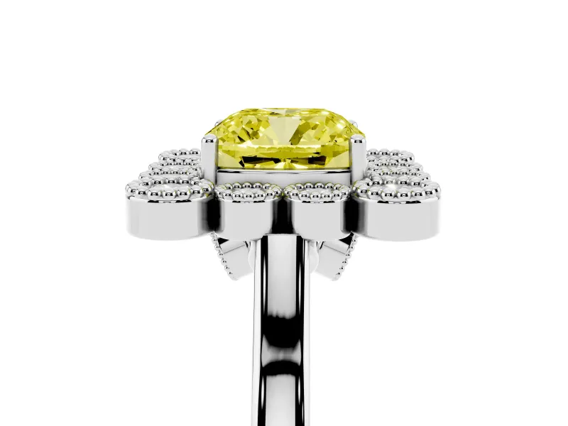Cushion Cut Milgrain Cluster Halo Engagement Ring Setting for a Fancy Yellow Lab-Grown Diamond | Plain Band | White Gold