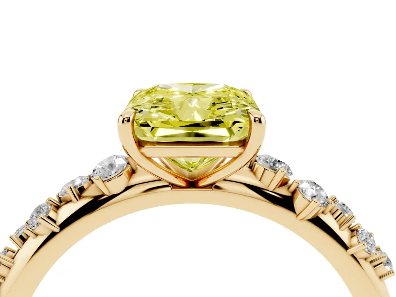 Fancy Yellow Radiant Cut Diamond Cluster Solitaire Ring Set in Yellow gold with Prong Setting