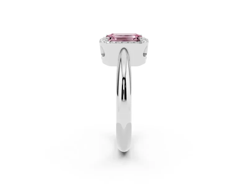 Fancy Pink Emerald Cut Diamond Halo Engagement Ring Set in Platinum with Plain Split Shank and Prong Setting