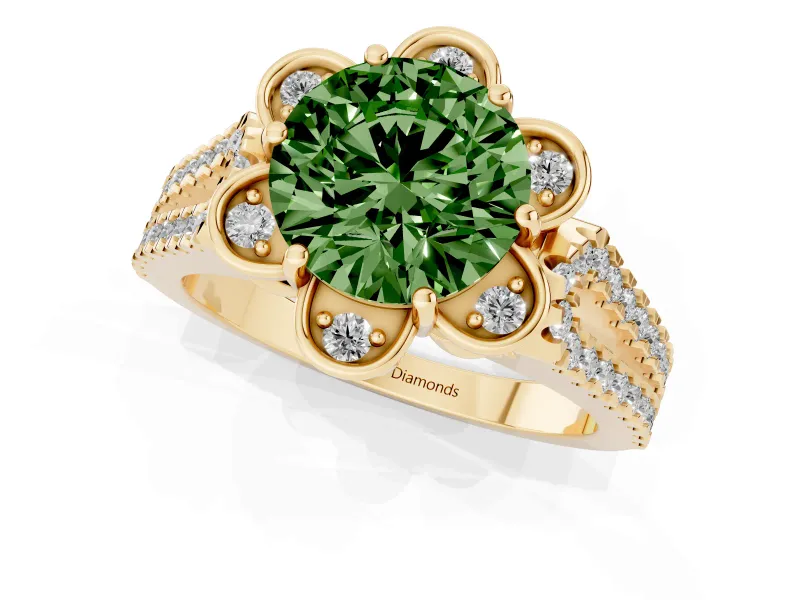 Round Floral Halo Engagement Ring Setting for a Fancy Green Lab-Grown Diamond | Pavé Split Shank | Yellow Gold