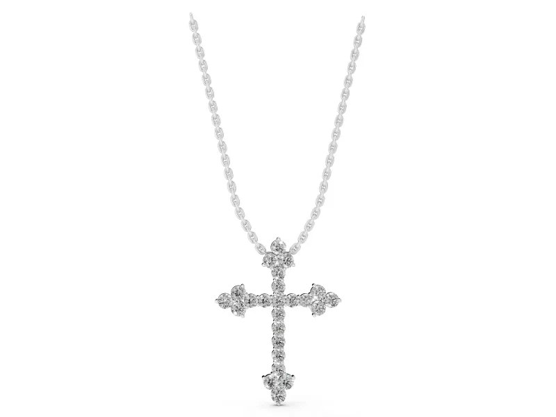 Round Lab-Grown Diamond Cross Pendant Necklace | Trefoil Tips | White Gold