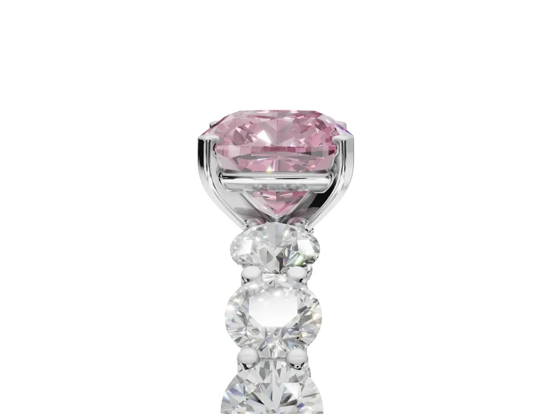 Cushion Cut Side Stone Engagement Ring Setting for a Fancy Pink Lab-Grown Diamond | Scalloped Prong Accents | White Gold