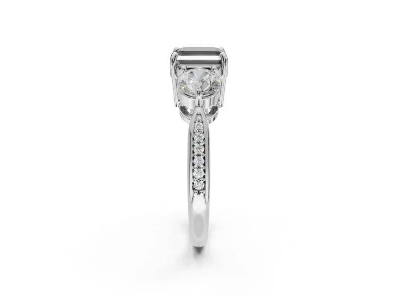 Fancy Black Asscher Cut Lab-Grown Diamond Three-Stone Ring Set in White Gold with Channel-Set Band and Prong Setting
