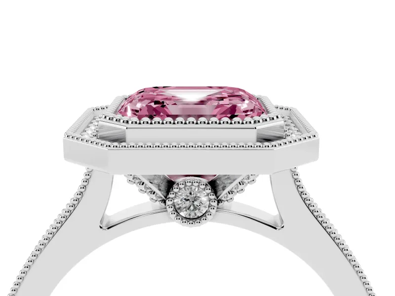 Asscher Cut Vintage Milgrain Halo Engagement Ring Setting for a Fancy Pink Lab-Grown Diamond | Bezel Head | Platinum
