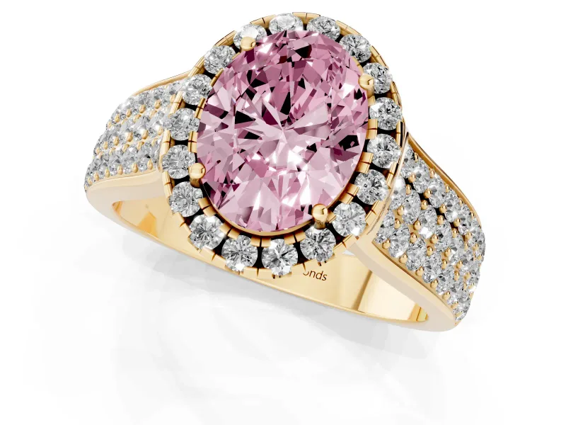Oval Pavé Engagement Ring Setting for a Fancy Pink Lab-Grown Diamond | Wide Three-Row Band | Yellow Gold