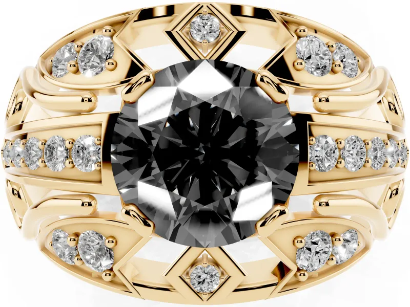 Round Art Deco Graduated Pavé Engagement Ring Setting for a Black Center | Split Shank | Yellow Gold