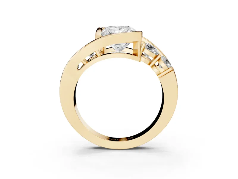 Princess Cut Diamond Bezel Bypass Ring Set in Yellow gold with Round Accents