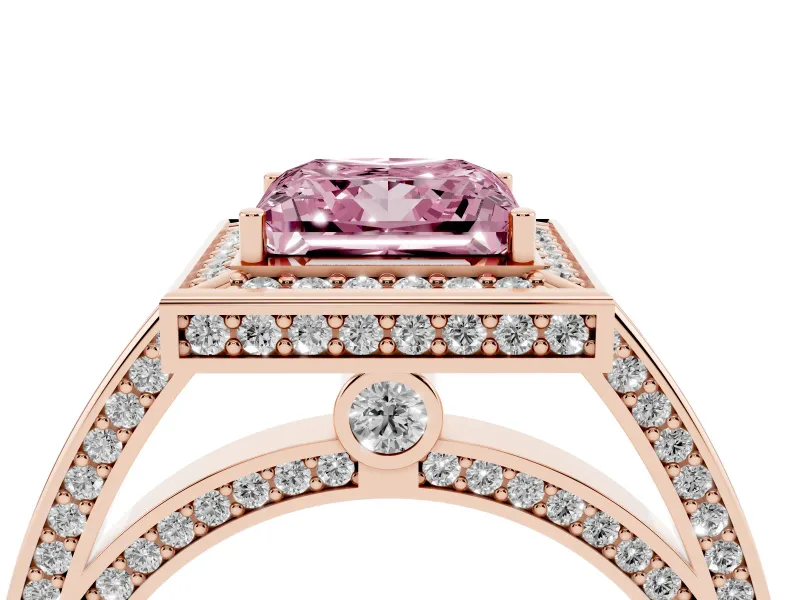 Fancy Pink Princess Cut Diamond Halo Pavé Split Shank Ring Set in Rose gold with Prong Setting