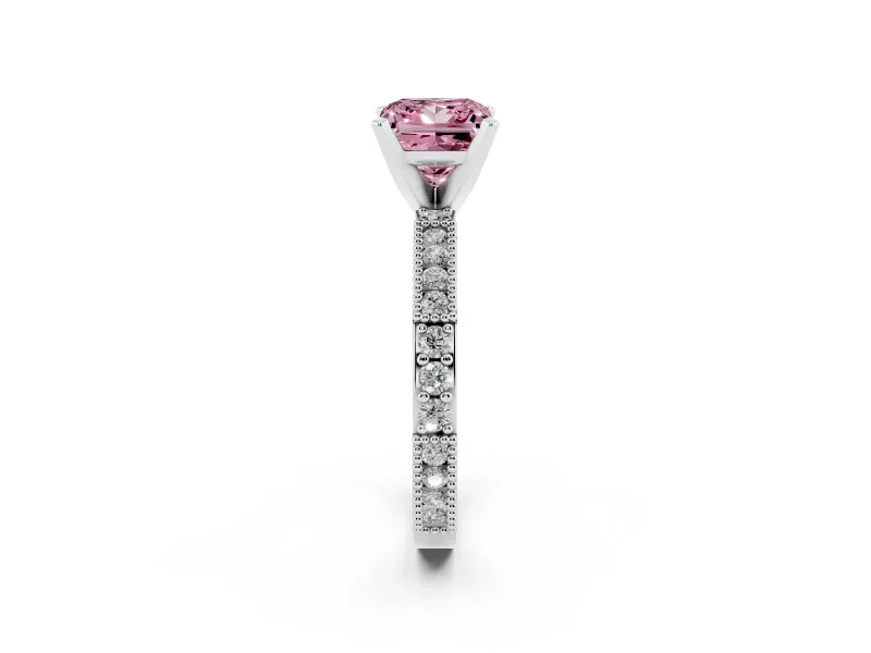 Fancy Pink Princess Cut Diamond Solitaire Ring Set in Silver with Slim Pavé Band and Prong Setting