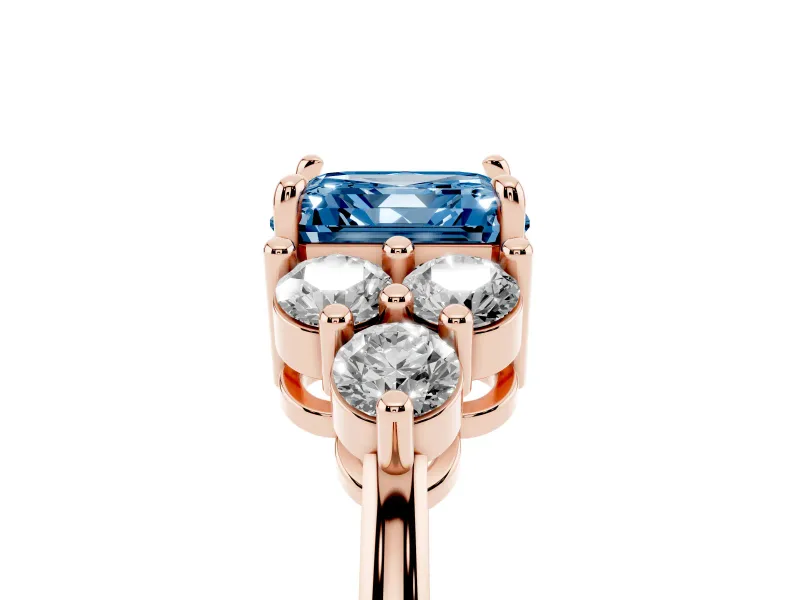 Fancy Blue Asscher Cut Diamond Solitaire Ring Set in Rose gold with Cluster Accents on Each Side