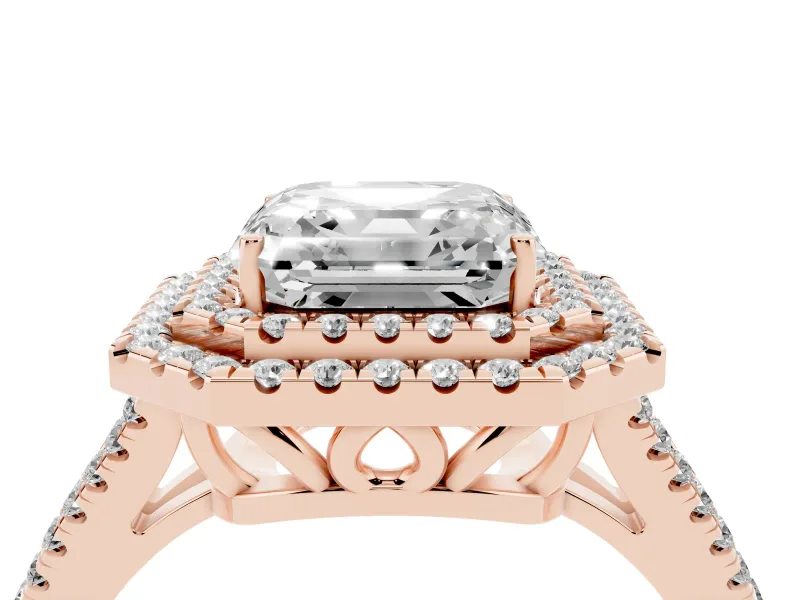 Asscher Cut Double Halo Split Shank Engagement Ring Setting | Pavé Shoulders | Rose Gold