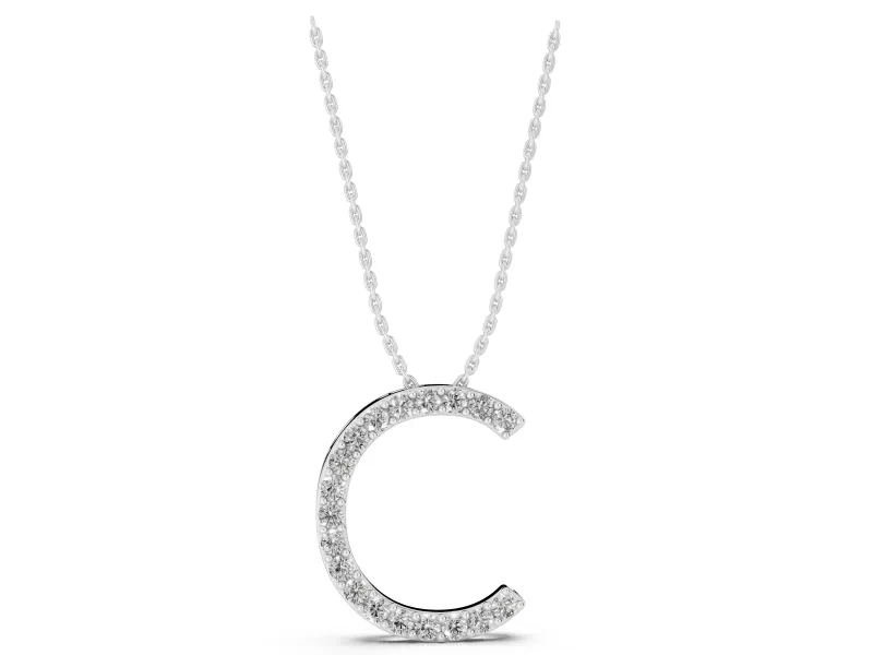 Round Lab-Grown Diamond Pavé Initial C Pendant Necklace | Single Row | Sterling Silver