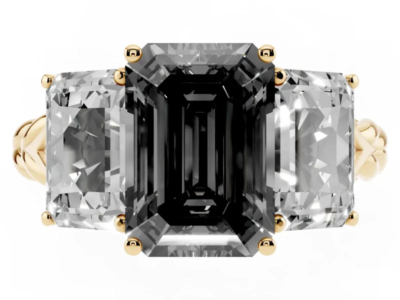Emerald Cut Three Stone Engagement Ring Setting for a Black Center | Braided Band | Yellow Gold