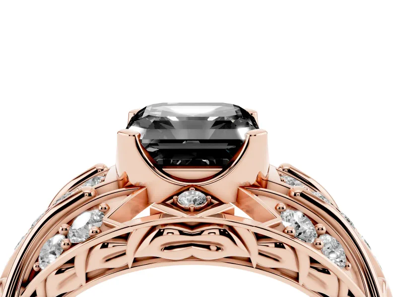 Fancy Black Asscher Cut Diamond Art Deco Ring Set in Rose gold with Pavé Split Shank