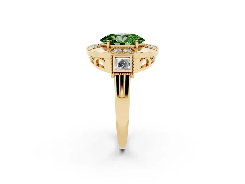 Fancy Green Oval Cut Diamond Milgrain Halo Ring Set in Yellow gold with Split Shank