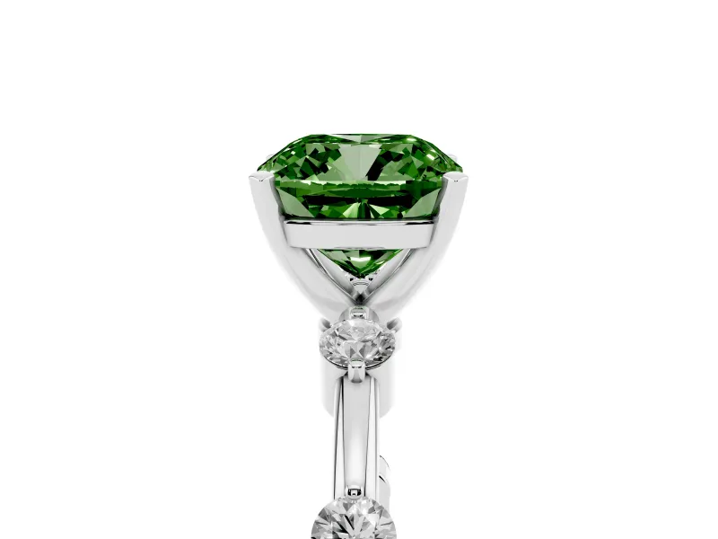 Fancy Green Cushion Cut Diamond Solitaire Ring Set in Silver with Bezel Set Side Stones and Prong Setting