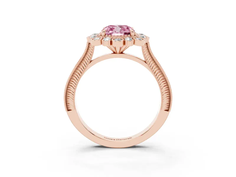 Fancy Pink Cushion Cut Diamond Halo Milgrain Pavé Ring Set in Rose gold with Prong Setting