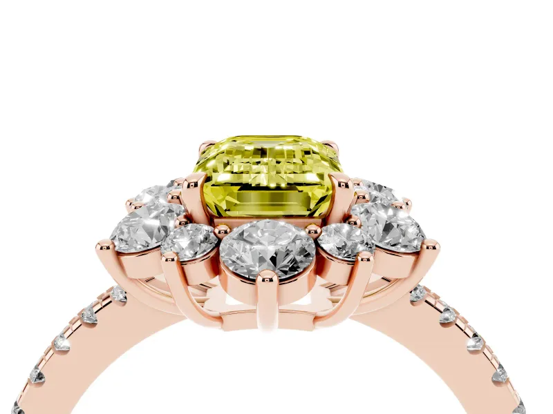 Fancy Yellow Emerald Cut Diamond Floral Halo Ring Set in Rose gold with Round Pavé Band and Prong Setting