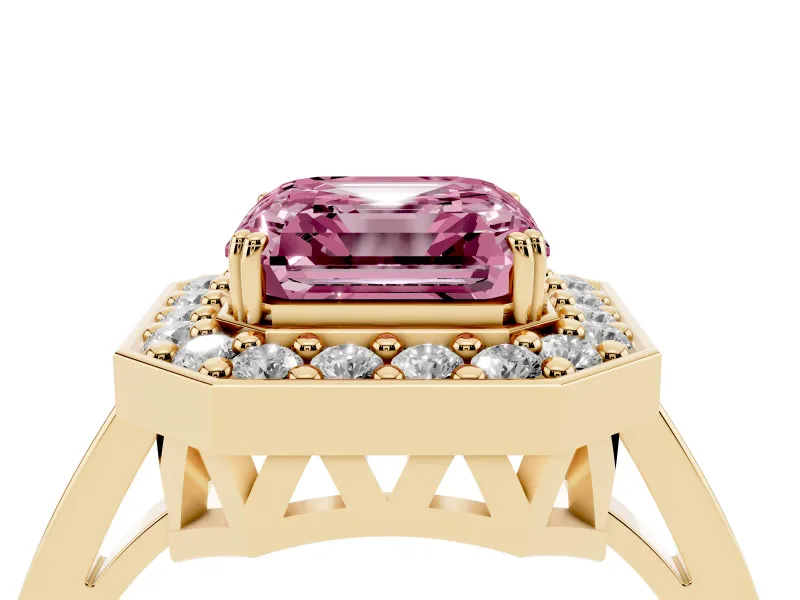 Asscher Cut Halo Engagement Ring Setting for a Fancy Pink Lab-Grown Diamond | Polished Halo Rim | Yellow Gold