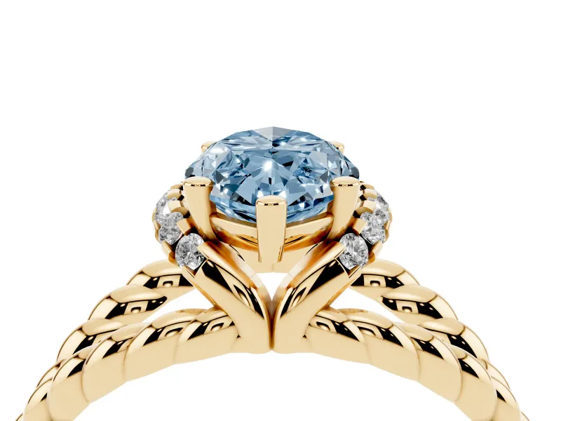 Fancy Blue Marquise Cut Diamond Halo Ring Set in Yellow gold with Twisted Band and Prong Setting