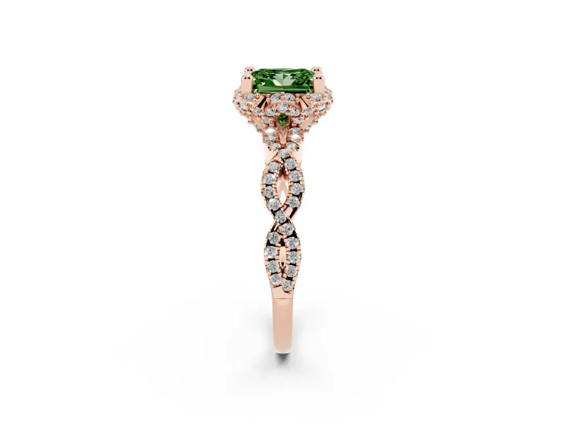 Princess Cut Milgrain Halo Engagement Ring Setting for a Fancy Green Lab-Grown Diamond | Graduated Shoulders | Rose Gold