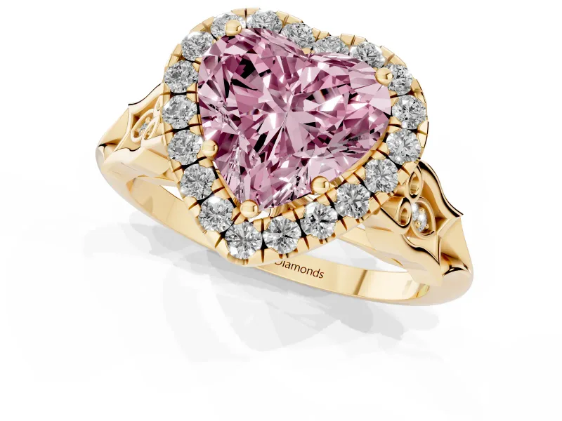 Heart-Shaped Halo Engagement Ring Setting for a Fancy Pink Lab-Grown Diamond | Filigree Shoulders | Yellow Gold